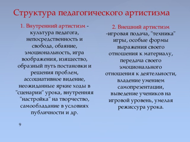 Структура педагогического артистизма 1. Внутренний артистизм - культура педагога, непосредственность и свобода, обаяние, эмоциональность, игра воображения, изящество, образный путь постановки и решения проблем, ассоциативное видение, неожиданные яркие ходы в 