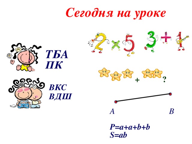 Сегодня на уроке ТБА ПК    + ?    А В  Р= a+a+b+b S=ab ВКС ВДШ