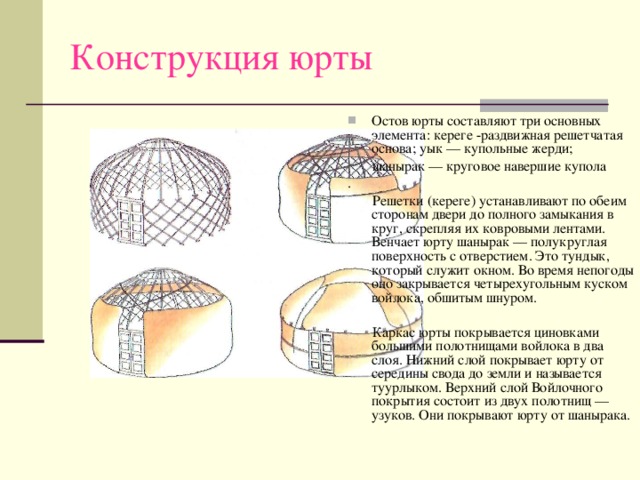 Конструкция юрты Остов юрты составляют три основных элемента: кереге -раздвижная решетчатая основа; уык — купольные жерди;  шанырак — круговое навершие купола .  Решетки (кереге) устанавливают по обеим сторонам двери до полного замыкания в круг, скрепляя их ковровыми лентами. Венчает юрту шанырак — полукруглая поверхность с отверстием. Это тундык, который служит окном. Во время непогоды оно закрывается четырехугольным куском войлока, обшитым шнуром.  Каркас юрты покрывается циновками большими полотнищами войлока в два слоя. Нижний слой покрывает юрту от середины свода до земли и называется туурлыком. Верхний слой Войлочного покрытия состоит из двух полотнищ — узуков. Они покрывают юрту от шанырака.