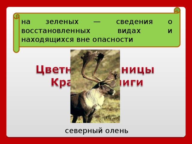 на зеленых — сведения о восстановленных видах и находящихся вне опасности северный олень