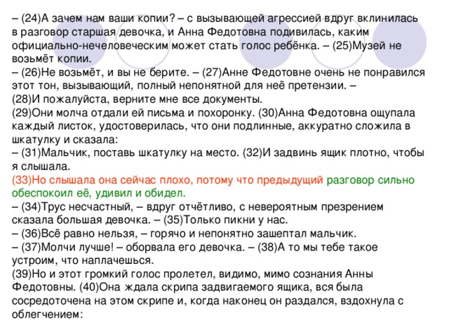 (33)Но слышала она сейчас плохо, потому что предыдущий разговор сильно обеспокоил её, удивил и обидел.