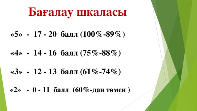 Бағалау шкаласы  «5» - 17 - 20 балл (100%-89%)   «4» - 14 - 16 балл (75%-88%)   «3» - 12 - 13 балл (61%-74%)   «2» - 0 - 11 балл (60%-дан төмен )