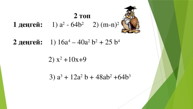 2 топ 1 деңгей: 1) а 2 - 64b 2 2) (m-n) 2  2 деңгей: 1) 16a 4 – 40a 2 b 2 + 25 b 4    2) x 2 +10x+9  3) а 3 + 12а 2 b + 48ab 2 +64b 3