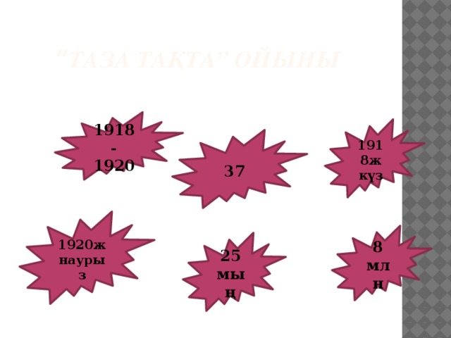 “ Таза тақта” ойыны 1918-1920 1918ж күз 37 1920ж наурыз 8 млн 25 мың