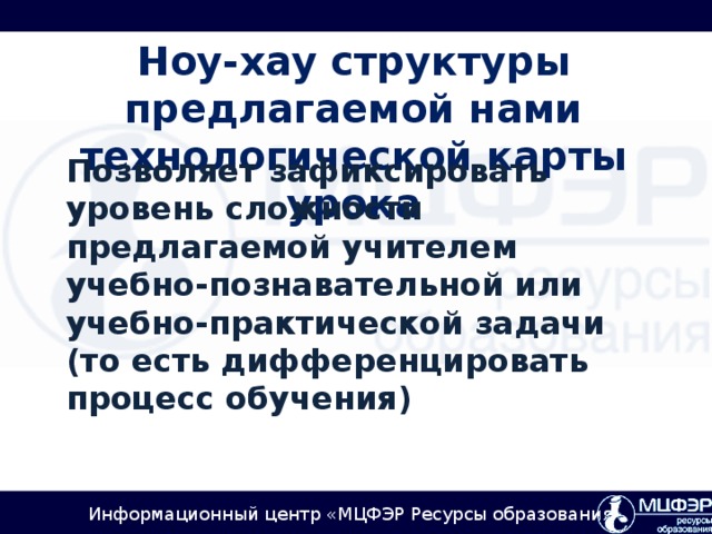 Ноу-хау структуры предлагаемой нами технологической карты урока Позволяет зафиксировать уровень сложности предлагаемой учителем учебно-познавательной или учебно-практической задачи (то есть дифференцировать процесс обучения)