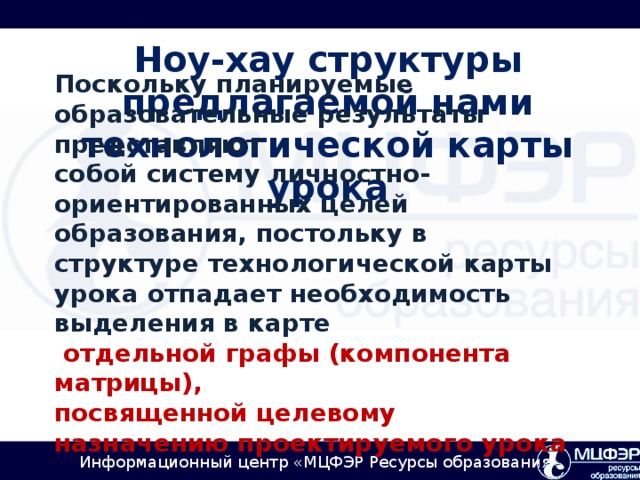 Ноу-хау структуры предлагаемой нами технологической карты урока Поскольку планируемые образовательные результаты представляют собой систему личностно-ориентированных целей образования, постольку в структуре технологической карты урока отпадает необходимость выделения в карте  отдельной графы (компонента матрицы), посвященной целевому назначению проектируемого урока