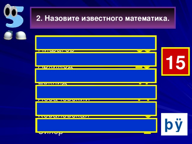 2. Назовите известного математика. Пифагор  38  5 15 14 13 12 11 10 9 8 7 6 4 3 2 1 0 Архимед  23   Евклид 17  Лобачевский 14  Ковалевская 6 Эйлер  2