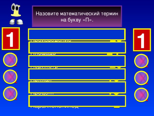 Назовите математический термин на букву «П». 1 1 2 3 3 Произведение  25 1 1 2 Площадь  24  X X Периметр  20  Прямая 16  X X  Процент  13 X X Параллелепипед 2