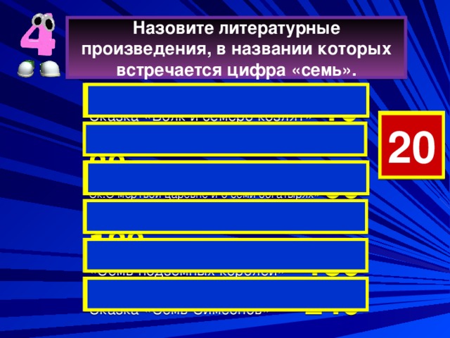 Назовите литературные произведения, в названии которых встречается цифра «семь». Сказка «Волк и семеро козлят» 10  11 7 8 9 10 13 12 5 14 15 17 18 19 6 3 4 2 1 0 20 16 «Белоснежка и семь гномов» 30   Ск.О мёртвой царевне и о семи богатырях» 60  «Цветик-сем  ицветик»   120  «Семь подземных королей»  180  Сказка «Семь Симеонов» 240