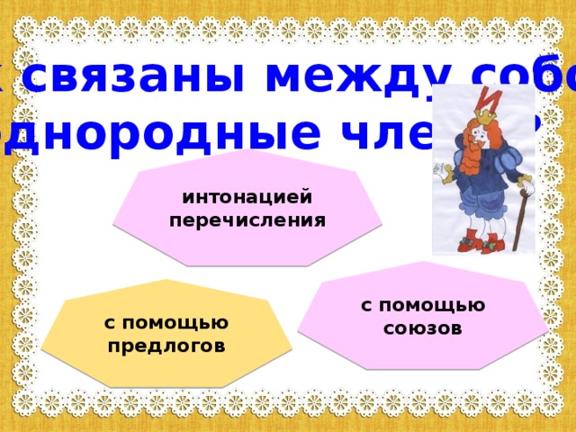 Как связаны между собой однородные члены? интонацией перечисления с помощью союзов с помощью предлогов