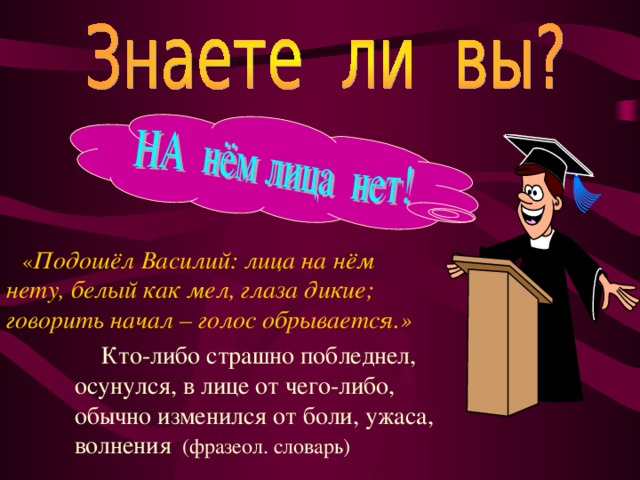 « Подошёл Василий: лица на нём нету, белый как мел, глаза дикие; говорить начал – голос обрывается.»   Кто-либо страшно побледнел, осунулся, в лице от чего-либо, обычно изменился от боли, ужаса, волнения (фразеол. словарь)