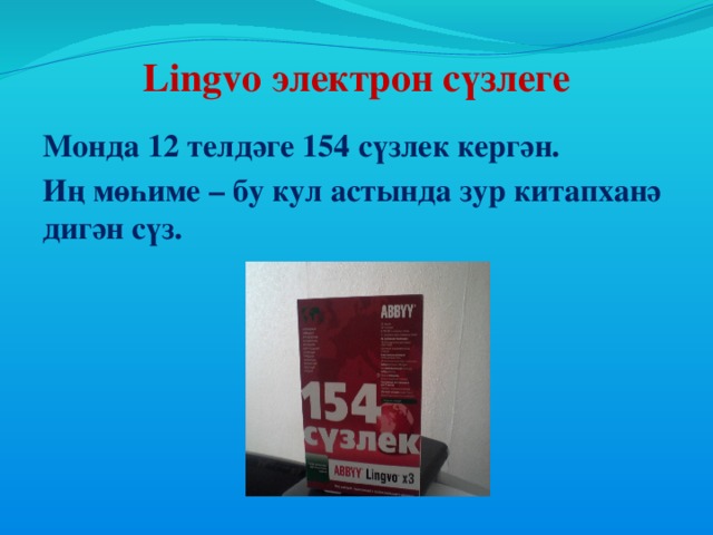 Lingvo электрон сүзлеге Монда 12 телдәге 154 сүзлек кергән. Иң мөһиме – бу кул астында зур китапханә дигән сүз.