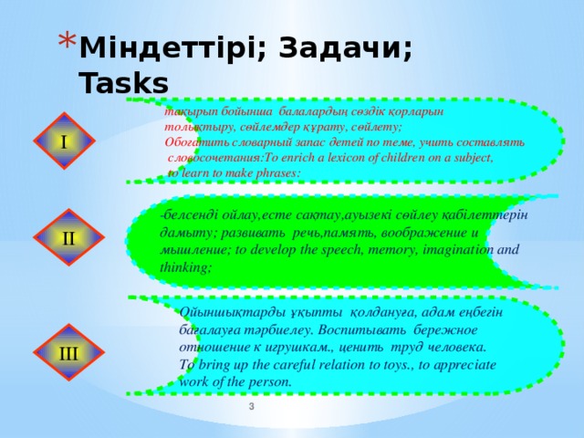 тақырып бойынша балалардың сөздік қорларын толықтыру, сөйлемдер құрату, сөйлету; Обогатить словарный запас детей по теме, учить составлять  словосочетания:To enrich a lexicon of children on a subject, Ойыншықтарды ұқыпты қолдануға, адам еңбегін  to learn to make phrases: бағалауға тәрбиелеу. Воспитывать бережное отношение к игрушкам., ценить труд человека. To bring up the careful relation to toys., to appreciate work of the person. Міндеттірі; Задачи; Tasks І - белсенді ойлау,есте сақтау,ауызекі сөйлеу қабілеттерін дамыту; развивать речь,память, воображение и мышление; to develop the speech, memory, imagination and thinking; ІІ ІІІ