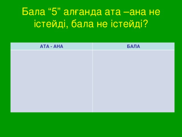 Бала “5” алғанда ата –ана не істейді, бала не істейді?   АТА - АНА БАЛА