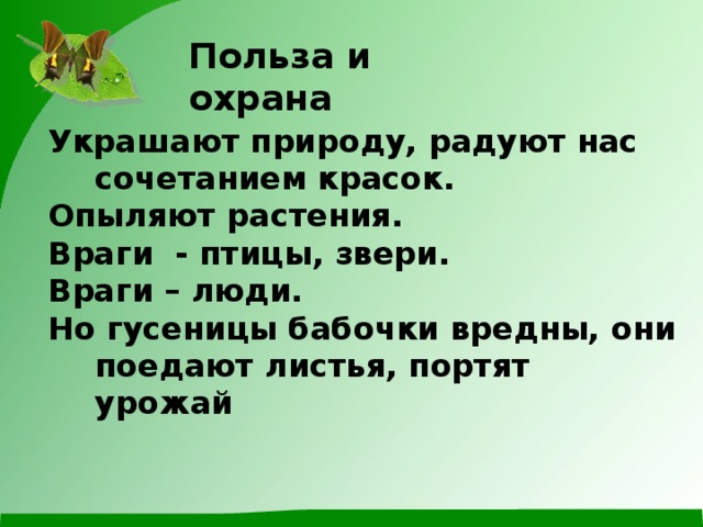 Польза и охрана Украшают природу, радуют нас сочетанием красок. Опыляют растения. Враги - птицы, звери. Враги – люди. Но гусеницы бабочки вредны, они поедают листья, портят урожай