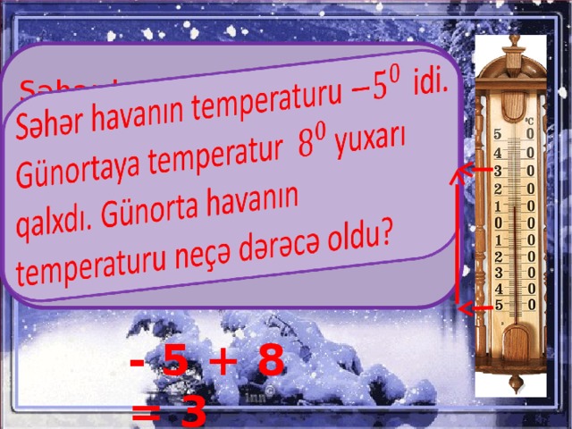 0 Səhər havanın temperaturu  idi. Günortaya temperatur yuxarı   qalxdı. Günorta havanın temperaturu neçə dərəcə oldu? 0  - 5 + 8 = 3