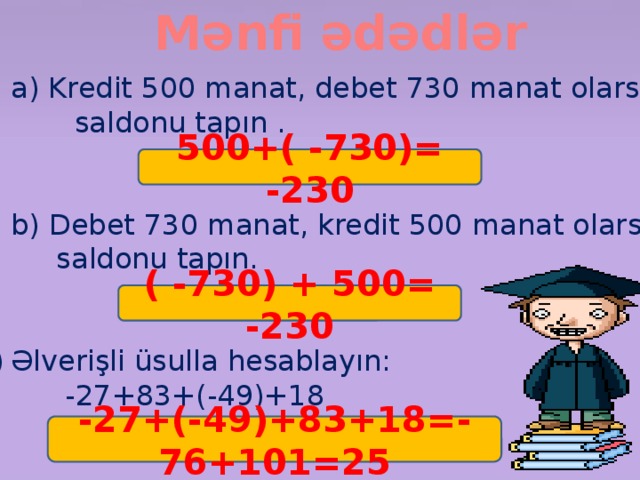 Mənfi ədədlər a) Kredit 500 manat, debet 730 manat olarsa,  saldonu tapın .  b) Debet 730 manat, kredit 500 manat olarsa,  saldonu tapın. Əlverişli üsulla hesablayın:  -27+83+(-49)+18 500+( -730)= -230 ( -730) + 500= -230 -27+(-49)+83+18=-76+101=25