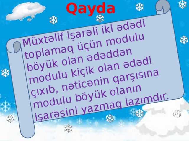 Qayda Müxtəlif işarəli iki ədədi toplamaq üçün modulu böyük olan ədəddən modulu kiçik olan ədədi çıxıb, nəticənin qarşısına modulu böyük olanın işarəsini yazmaq lazımdır.