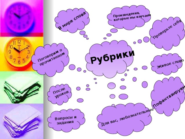 Рубрики В мире слова Произведения, которые мы изучаем Проверьте себя Для вас, любознательные Поговорим о прочитанном Живое слово После уроков Вопросы и  задания Пофантазируем