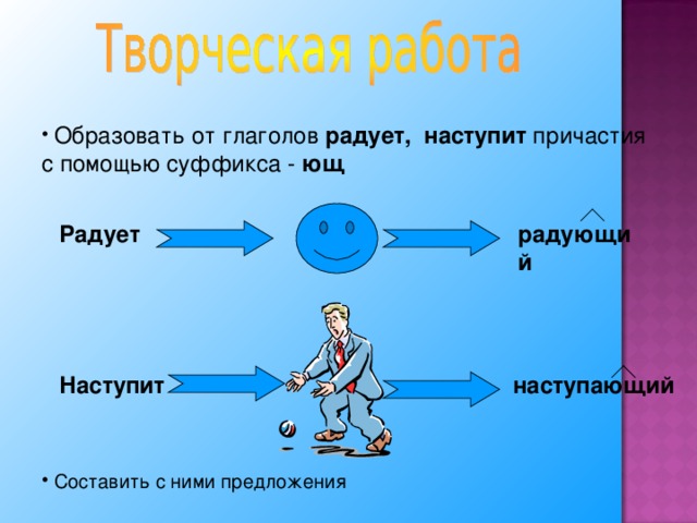 Образовать от глаголов радует, наступит причастия с помощью суффикса - ющ  Радует радующий Наступит  наступающий  Составить с ними предложения