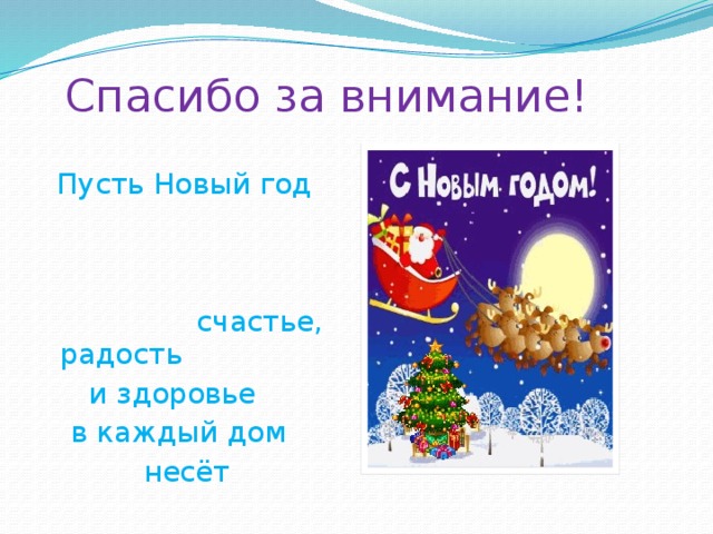 Спасибо за внимание!  Пусть Новый год счастье, радость  и здоровье  в каждый дом  несёт