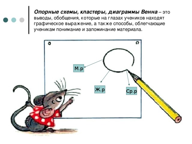 Опорные схемы, кластеры, диаграммы Венна – это выводы, обобщения, которые на глазах учеников находят графическое выражение, а также способы, облегчающие ученикам понимание и запоминание материала. М.р Ж.р Ср.р