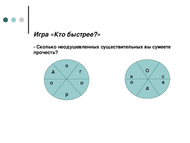 Игра «Кто быстрее?»   - Сколько неодушевленных существительных вы сумеете прочесть?                    о д г о о р О к с о а д