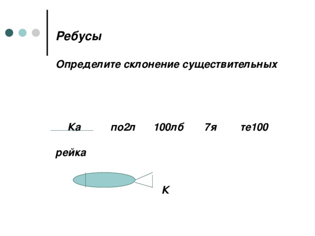 Ребусы   Определите склонение существительных      Ка по2л 100лб 7я те100   рейка     К