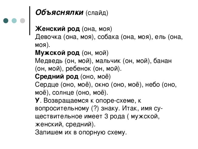 Объяснялки  (слайд)   Женский род (она, моя)  Девочка (она, моя), собака (она, моя), ель (она, моя).  Мужской род (он, мой)  Медведь (он, мой), мальчик (он, мой), банан (он, мой), ребенок (он, мой).  Средний род (оно, моё)  Сердце (оно, моё), окно (оно, моё), небо (оно, моё), солнце (оно, моё).  У . Возвращаемся к опоре-схеме, к вопросительному (?) знаку. Итак, имя су-  ществительное имеет 3 рода ( мужской, женский, средний).  Запишем их в опорную схему.