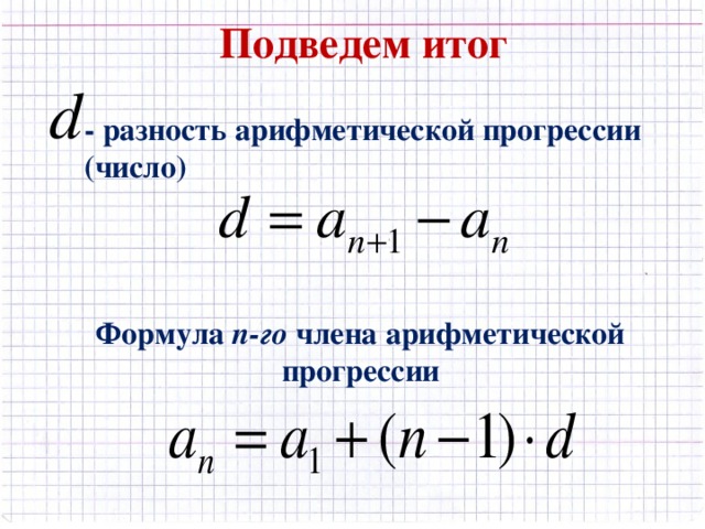 Подведем итог - разность арифметической прогрессии (число) Формула n -го члена арифметической прогрессии