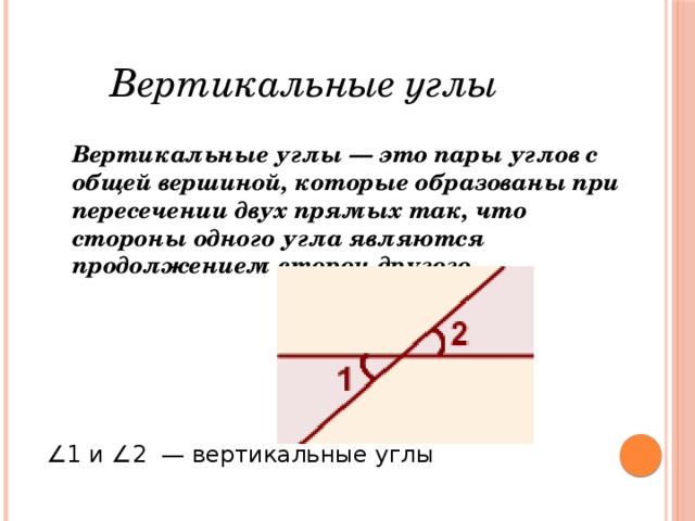 Вертикальные углы Вертикальные углы — это пары углов с общей вершиной, которые образованы при пересечении двух прямых так, что стороны одного угла являются продолжением сторон другого. ∠ 1 и ∠2  — вертикальные углы    