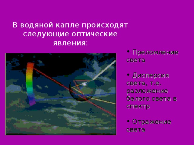 В водяной капле происходят следующие оптические  явления :  Преломление света  Дисперсия света, т.е. разложение белого света в спектр  Отражение света Слайд 24