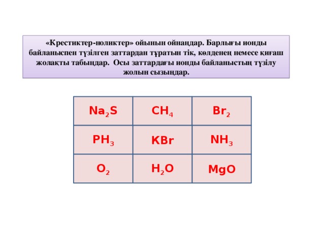 «Крестиктер-ноликтер» ойынын ойнаңдар. Барлығы ионды байланыспен түзілген заттардан тұратын тік, көлденең немесе қиғаш жолақты табыңдар. Осы заттардағы ионды байланыстың түзілу жолын сызыңдар. Na 2 S CH 4 Br 2 NH 3 КBr PH 3 MgO H 2 O O 2