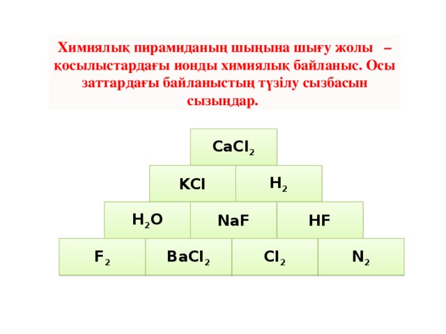 Химиялық пирамиданың шыңына шығу жолы – қосылыстардағы ионды химиялық байланыс. Осы заттардағы байланыстың түзілу сызбасын сызыңдар. СаCl 2 KCl H 2 H 2 O NaF HF N 2 Cl 2 BaCl 2 F 2