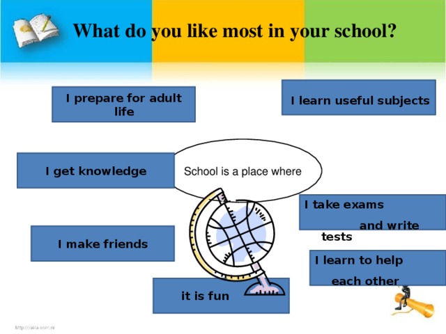What do you like most in your school?           I learn useful subjects  I prepare for adult life School is a place where I get knowledge I take exams and write tests I make friends I learn to help each other  it is fun