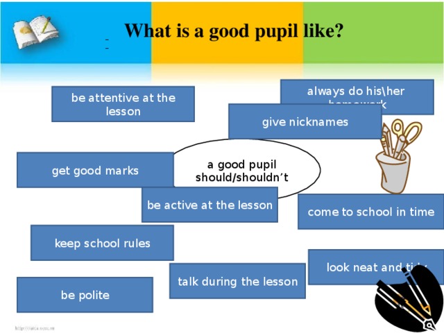 What is a good pupil like?    –  –      always do his \ her homework be attentive at the lesson give nicknames a good pupil should/shouldn’t get good marks be active at the lesson come to school in time keep school rules look neat and tidy talk during the lesson be polite