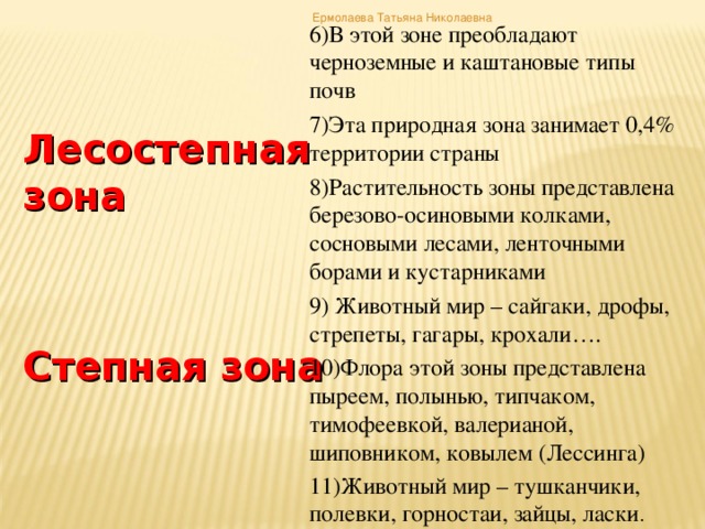 Ермолаева Татьяна Николаевна 6)В этой зоне преобладают черноземные и каштановые типы почв 7)Эта природная зона занимает 0,4% территории страны 8)Растительность зоны представлена березово-осиновыми колками, сосновыми лесами, ленточными борами и кустарниками 9) Животный мир – сайгаки, дрофы, стрепеты, гагары, крохали…. 10)Флора этой зоны представлена пыреем, полынью, типчаком, тимофеевкой, валерианой, шиповником, ковылем (Лессинга) 11)Животный мир – тушканчики, полевки, горностаи, зайцы, ласки . Лесостепная зона   Степная зона