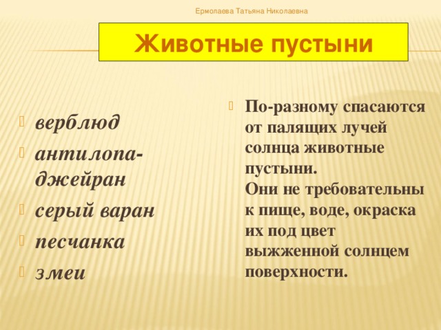 Ермолаева Татьяна Николаевна Животные пустыни  верблюд антилопа- джейран серый варан песчанка змеи