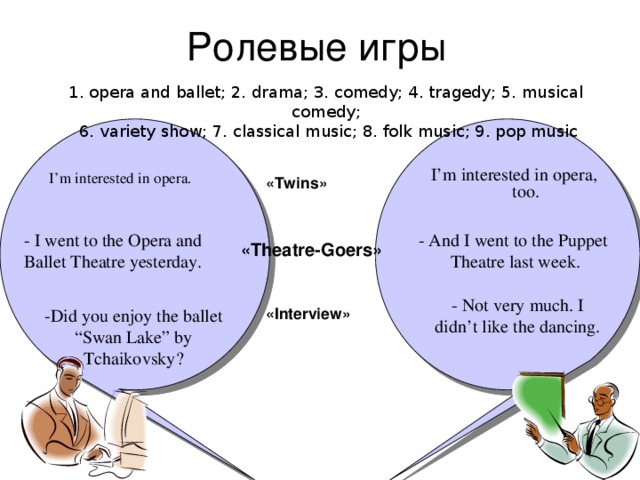 Ролевые игры 1. opera and ballet; 2. drama; 3. comedy; 4. tragedy; 5. musical comedy;  6. variety show; 7. classical music; 8. folk music; 9. pop music I’m interested in opera, too. I’m interested in opera. « Twins » - And I went to the Puppet Theatre last week. - I went to the Opera and Ballet Theatre yesterday. « T heatre-Goers» - Not very much. I didn’t like the dancing. «Interview» - Did you enjoy the ballet “Swan Lake” by Tchaikovsky?