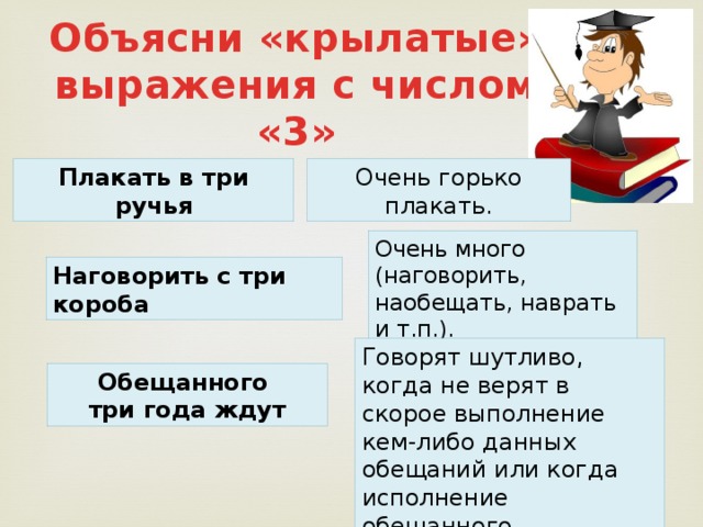 Объясни «крылатые» выражения с числом «3» Плакать в три ручья Очень горько плакать. Очень много (наговорить, наобещать, наврать и т.п.). Наговорить с три короба Говорят шутливо, когда не верят в скорое выполнение кем-либо данных обещаний или когда исполнение обещанного затягивается на долгое время. Обещанного три года ждут