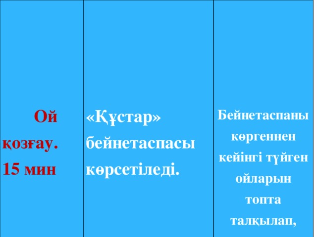 Ой қозғау.   «Құстар» бейнетаспасы көрсетіледі.  15 мин    Бейнетаспаны көргеннен кейінгі түйген ойларын топта талқылап, ортаға салады .