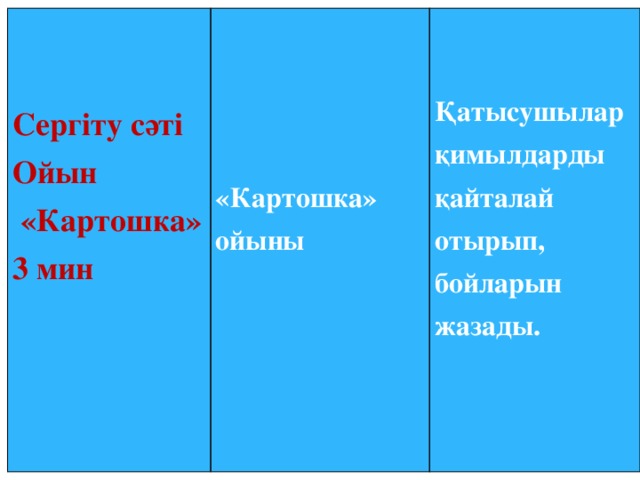 Сергіту сәті   Ойын    «Картошка» Қатысушылар қимылдарды қайталай отырып, бойларын жазады.  3 мин «Картошка» ойыны