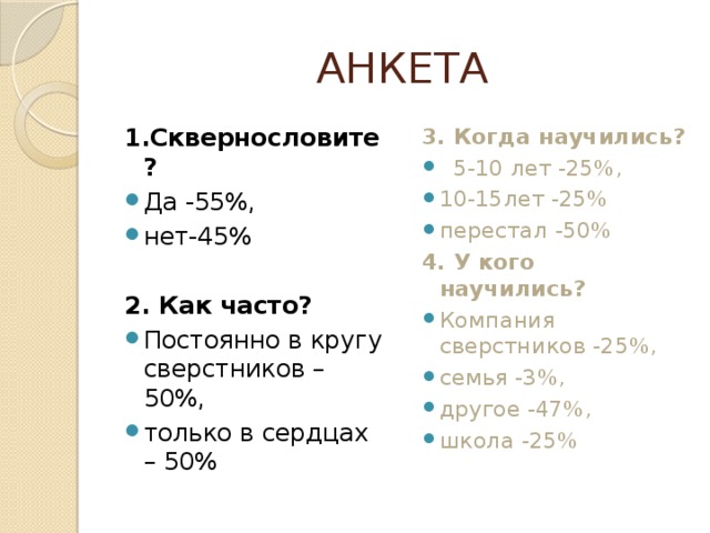 АНКЕТА 1.Сквернословите? 3. Когда научились? Да -55%, нет-45%   5-10 лет -25%, 10-15лет -25% перестал -50% 4. У кого научились? 2. Как часто?