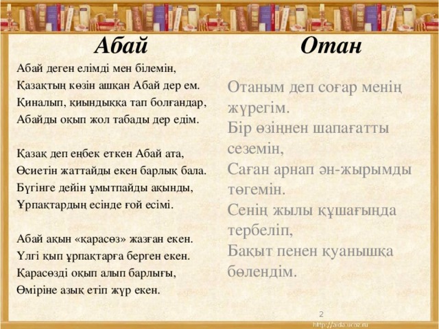 Абай Отан   Абай деген елімді мен білемін, Қазақтың көзін ашқан Абай дер ем. Қиналып, қиындыққа тап болғандар, Абайды оқып жол табады дер едім. Қазақ деп еңбек еткен Абай ата, Өсиетін жаттайды екен барлық бала. Бүгінге дейін ұмытпайды ақынды, Ұрпақтардың есінде ғой есімі. Абай ақын «қарасөз» жазған екен. Үлгі қып ұрпақтарға берген екен. Қарасөзді оқып алып барлығы, Өміріне азық етіп жүр екен. Отаным деп соғар менің жүрегім. Бір өзіңнен шапағатты сеземін, Саған арнап ән-жырымды төгемін. Сенің жылы құшағыңда тербеліп, Бақыт пенен қуанышқа бөлендім.