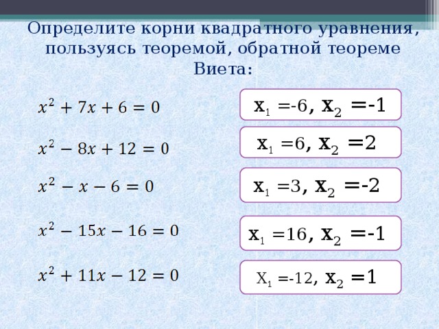 Определите корни квадратного уравнения, пользуясь теоремой, обратной теореме Виета: х 1 =-6 , х 2 =- 1 х 1 =6 , х 2 = 2  х 1 =3 , х 2 =- 2  х 1 =16 , х 2 =- 1 Х 1 =-12 , х 2 =1