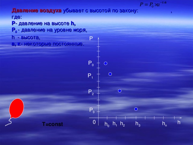 Давление воздуха  убывает с высотой по закону:  , где:  Р - давление на высоте h,  Р 0  - давление на уровне моря ,  h - высота,  а, к - некоторые постоянные . P P 0 P 1 P 2 P 3 0 h h 2 h n h 3 h 1 h 0 Т =const