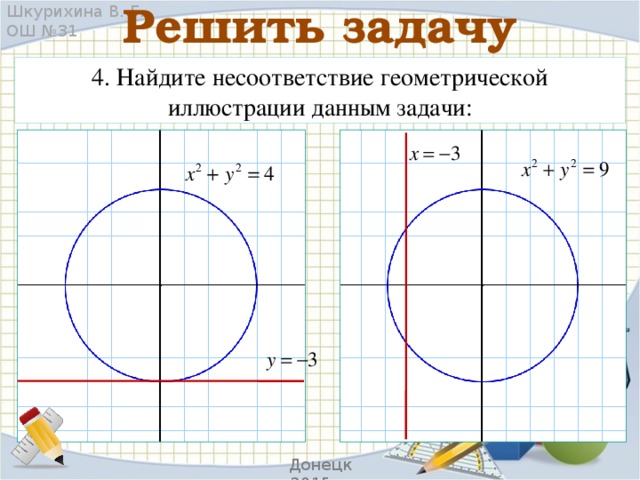 Решить задачу Шкурихина В. Г. ОШ №31 4. Найдите несоответствие геометрической иллюстрации данным задачи: Донецк 2015 г.