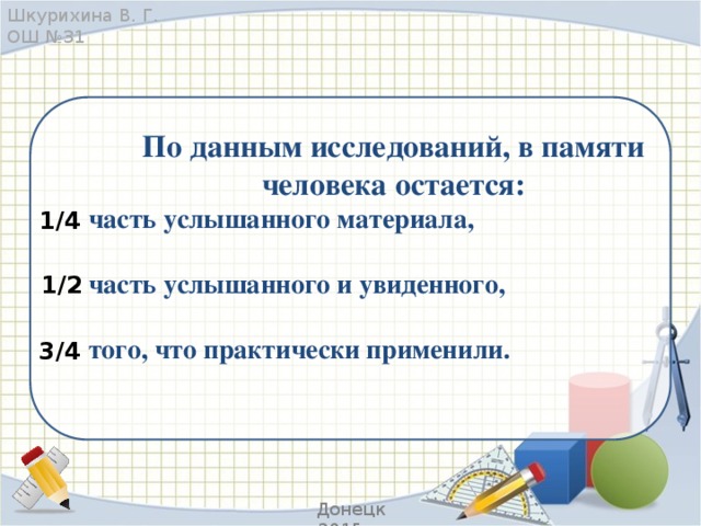 Шкурихина В. Г. ОШ №31 По данным исследований, в памяти человека остается:  часть услышанного материала,   часть услышанного и увиденного,   того, что практически применили. 1/4 1/2 3/4 Донецк 2015 г.