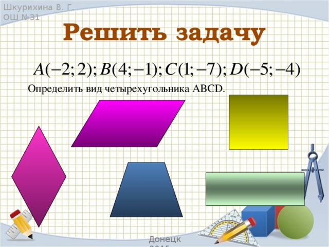 Шкурихина В. Г. ОШ №31 Решить задачу Определить вид четырехугольника ABCD. Донецк 2015 г.