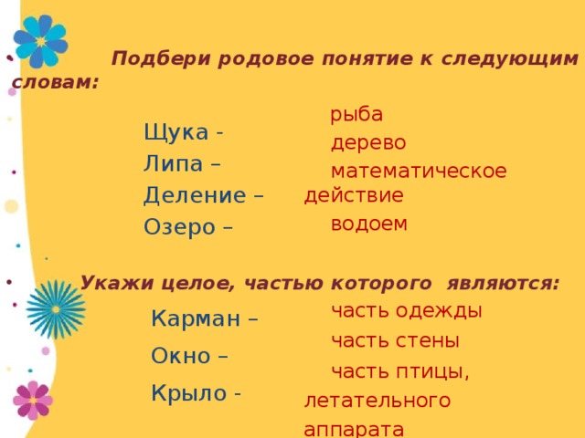 Назови целое. Укажи целое частью которого является. Укажи целое частью которого является указанный объект. Подбери родовое понятие к следующим словам. Родовое понятие слова.